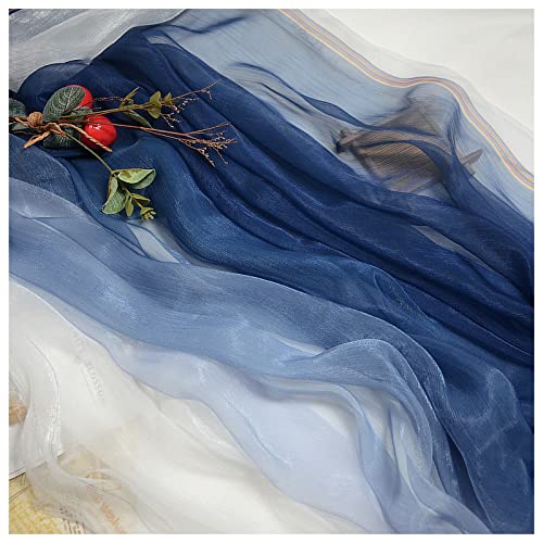 MUYUNXI Chiffon Stoff Meterware Kam Seidenkrepp Farbverlauf Bedruckter Chiffonstoff 140cm Breit Meterware Für Rockbekleidung Handarbeit(Color:Tintenblauer Farbverlauf weiß) von MUYUNXI