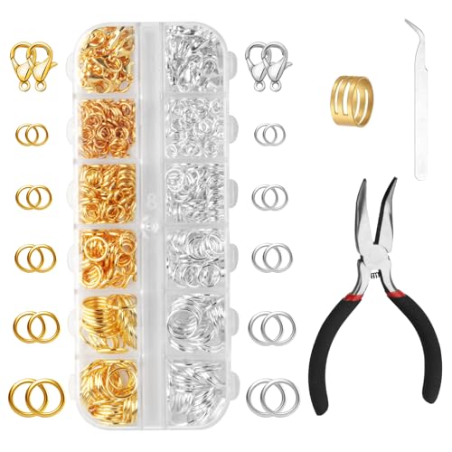 Binderinge für Schmuckherstellung, Silber-Gold, Schmuck-Reparatur-Set für Halsketten, Karabinerverschlüsse, DIY, Handwerk, Schlüsselanhänger, Reparaturzubehör, Werkzeuge, mit Zange, Pinzette, Ring Binderinge für Schmuckherstellung, Silber-Gold, Schmuck-Reparatur-Set für Halsketten, Karabinerverschlüsse, DIY, Handwerk, Schlüsselanhänger, Reparaturzubehör, Werkzeuge, mit Zange, Pinzette, Ring von MUZHUPGUZ