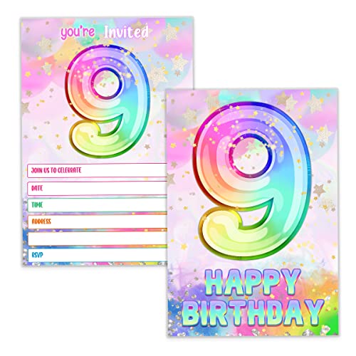 MUZRUYOU Einladungskarten zum 9. Geburtstag, holografische Regenbogen-Einladungen mit Umschlägen, 20 Stück von MUZRUYOU