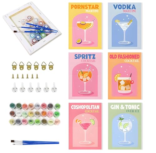 MVIWEO Cocktail-Malen-nach-Zahlen-Sets für Erwachsene und Anfänger, DIY-Acrylmalerei auf Leinwand mit gebürsteten Farben für Zuhause, Wanddekoration, Bar, Party, Raum, Wandkunst, Bastelset, 6 Stück von MVIWEO