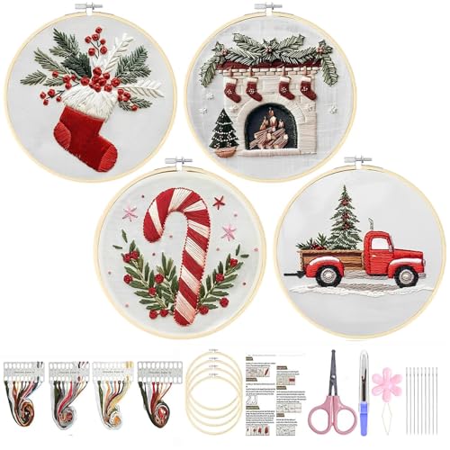 MVLIAST 4 Sets Weihnachtsstickerei-Kits, Weihnachtsstickerei-Set für Erwachsene, DIY Xmas Kreuzstich Kits für Anfänger mit Muster, Nadeln, Anleitung, Fäden, für Heimdekoration (Stil B) von MVLIAST