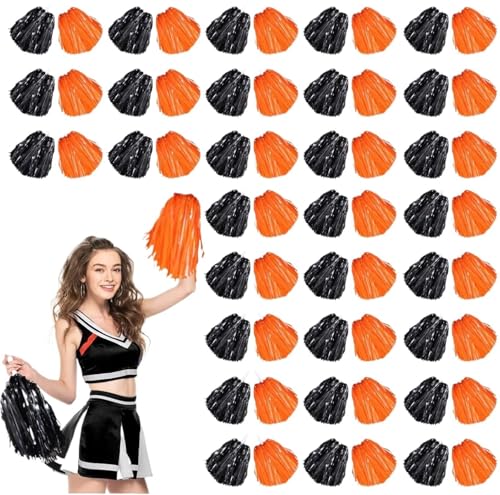 MWAHJU Cheerleader Pom Pom 60 Cheerleading-Pompons mit Kunststoffgriffen for Cheerleading-Teams, energische Sport- und Tanzmädchen Mit Schlagstockgriff(Black Orange) von MWAHJU