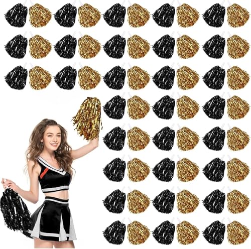 MWAHJU Cheerleader Pom Pom 60 Cheerleading-Pompons mit Kunststoffgriffen for Cheerleading-Teams, energische Sport- und Tanzmädchen Mit Schlagstockgriff(Gold Black) von MWAHJU