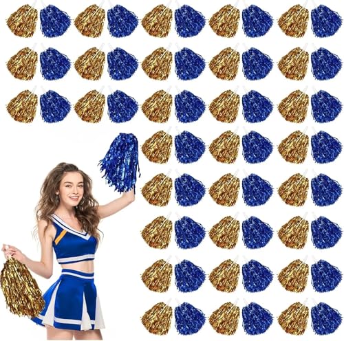 MWAHJU Cheerleader Pom Pom 60 Cheerleading-Pompons mit Kunststoffgriffen for Cheerleading-Teams, energische Sport- und Tanzmädchen Mit Schlagstockgriff(Gold Blue) von MWAHJU