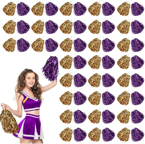 MWAHJU Cheerleader Pom Pom 60 Cheerleading-Pompons mit Kunststoffgriffen for Cheerleading-Teams, energische Sport- und Tanzmädchen Mit Schlagstockgriff(Gold Purple) von MWAHJU