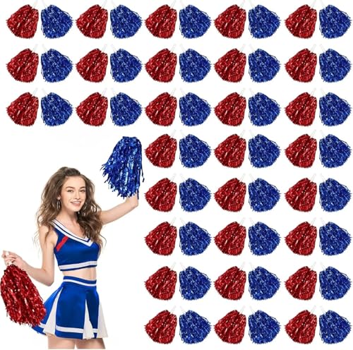 MWAHJU Cheerleader Pom Pom 60 Cheerleading-Pompons mit Kunststoffgriffen for Cheerleading-Teams, energische Sport- und Tanzmädchen Mit Schlagstockgriff(Red Blue) von MWAHJU