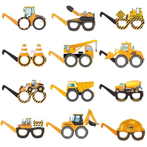 MWAHJU Party Brille 12 stücke Konstruktion Papier Gläser Photo Booth Requisiten Junge Bagger Lkw Traktor Bau Geburtstag Party Dekoration Lieferungen(Size 1+2) von MWAHJU