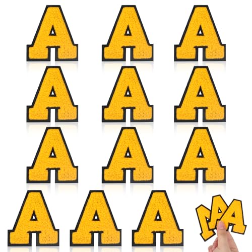 MWOOT 12 Stück Aufbügelbare Buchstaben A Aufnäher, Gestickte Applikationen DIY Alphabet Aufnäher für Kleidung, Röcke, Hüte, Taschen, Jeans (Gelb) von MWOOT