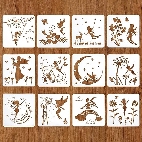 MWOOT 12 Stück Schablonen Feen, Fairy Engel Mond Zeichnung Malschablonen Set, Wiederverwendbar DIY Schablonen für Scrapbooking Karten Boden Wand Fliesen Leinwand Möbel Dekor (20X20cm) von MWOOT