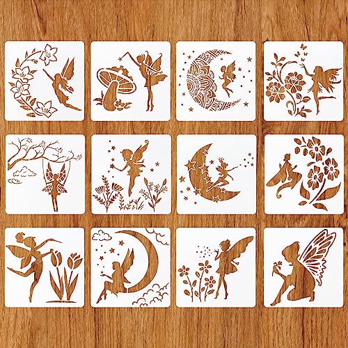 MWOOT 12 Stück Schablonen Feen, Fairy Zeichnung Malschablonen Set, Wiederverwendbar DIY Schablonen für Scrapbooking Karten Boden Wand Fliesen Leinwand Möbel Dekor (20X20cm) von MWOOT