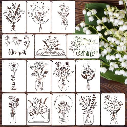 MWOOT 15 Stück Blumen Wiederverwendbare Zeichenschablone,Blume Schablonen zum Malen,Zeichnung Malschablonen DIY Wildblumen Schablonen,Vorlagen für Scrapbooking Holz Möbel Leinwand Deko (20x15 CM) von MWOOT