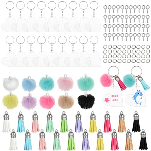 MWOOT 150 Stück Acryl Schlüsselanhänger Rohlinge Set, mit Acryl Transparent Anhänger Herzförmige, Schlüsselringe, Quasten Bommel Anhänger, Ösenschrauben, Biegeringe, für DIY Schlüsselanhänger Basteln von MWOOT