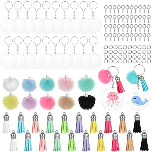 MWOOT 150 Stück Acryl Schlüsselanhänger Rohlinge Set, mit Acryl Transparent Anhänger Rund, Schlüsselringe, Bunte Quasten Bommel Anhänger, Ösenschrauben, Biegeringe, für DIY Schlüsselanhänger Basteln von MWOOT