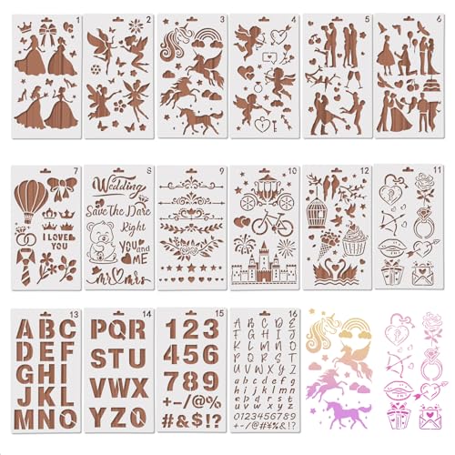 MWOOT 16 Stücke Valentinstag Schablonen Malen,Wiederverwendbare Valentine Themed Painting Stencils für Malerei an der Wand,Schablonen Malen für Fenster Malerei Handwerk Dekoration(17.8x10.2CM) von MWOOT