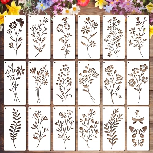 MWOOT 18 Stück Zeichnung Malschablonen DIY Schablonen,Blumen Schablonen zum Basteln,Wiederverwendbare Blätter-Schablonen zum Malen,Vorlagen für Scrapbooking Holz Möbel Leinwand Deko(15x7.5 cm) von MWOOT