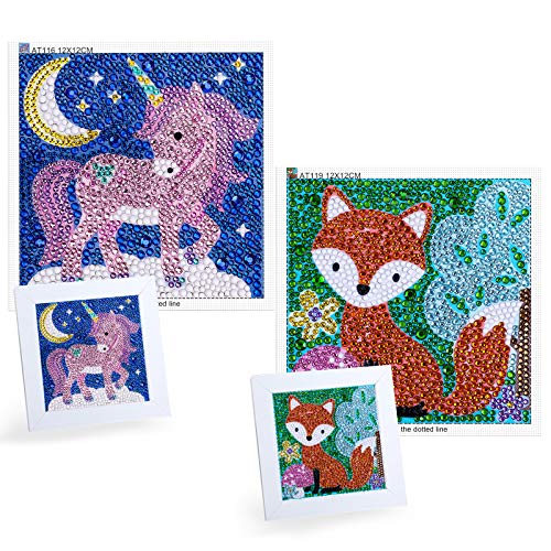 MWOOT 2 Pack 5D Diamant Malerei Kit für Kinder, DIY Voller Diamond Art Painting Stickerei Kreuzstich Arts Craft Bilder für Dekoration und Geschenk 12 x12cm (Fuchs + Einhorn) von MWOOT