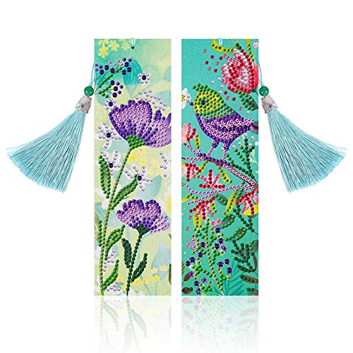 MWOOT 2 Stücke 5D Diamant Malerei Lesezeichen Kits,Diamond Art Painting Bookmark,DIY Perlen Leder Quaste Lesezeichen Handwerk für Kinder Erwachsene Anfänger Geschenk (Blumen + Vögel) von MWOOT