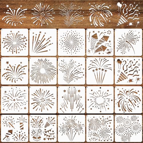 MWOOT 20 Stück Feuerwerks Schablone Stencils,Malerei Schablonen Set,Painting Stencils Malerei Vorlage Zubehör Wiederverwendbare Zeichenschablone für DIY Kartenbasteln Wand Heim Dekor(15x15CM) von MWOOT