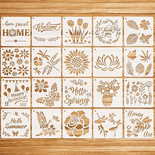 MWOOT 20 Stücke Blumen Schmetterling Stencil Schablonen Zeichnen Set, Kunststoff Wiederzuverwendend Zeichenschablonen Vorlagen für Fußböden, Fenster, Möbel, Holz, Wanddeko, (15x15CM) von MWOOT