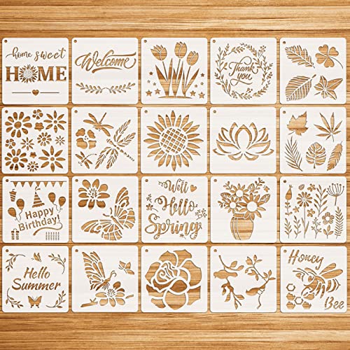 MWOOT 20 Stücke Blumen Schmetterling Stencil Schablonen Zeichnen Set, Kunststoff Wiederzuverwendend Zeichenschablonen Vorlagen für Fußböden, Fenster, Möbel, Holz, Wanddeko, (15x15CM) von MWOOT