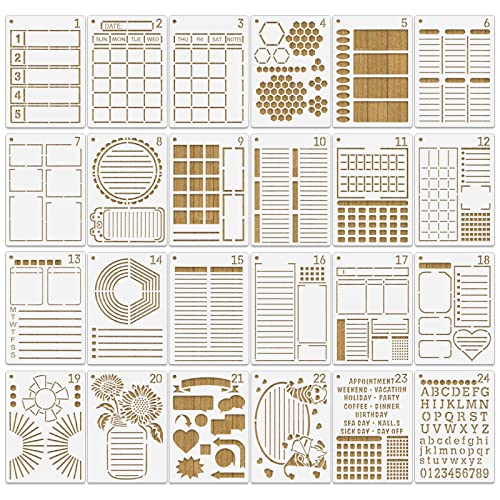 MWOOT 24 Stück Gemischt Tagebuch Schablonen Journal Stencils Set,Wiederverwendbares Bullet Schablonen Malerei Vorlage Zubehör,Dot Paint Skala Template für DIY Kartenbasteln Wand Dekor(17.8x12.7CM) von MWOOT