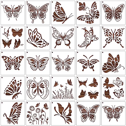 MWOOT 25 Stück Schmetterling-Malschablonen Painting Stencils,Wiederverwendbare Schmetterling Drawing Templates,Butterfly Zeichnung Schablonen für Scrapbooking Leinwand Handwerk Dekoration(14.7x14.7cm) von MWOOT