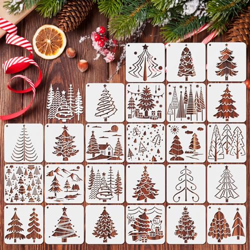 MWOOT 25 Stück Weihnachts Schablonen Stencils Set, Wiederverwendbares Malerei Vorlage Bemalen, DIY Christmas Schablone zum Malen an Wand, Geschenkkarte, Kleidung, Partygeschenke Dekoration (7.6x7.6cm) von MWOOT