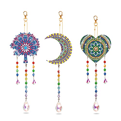 MWOOT 3 Stück Diamant Malerei Windspiele,Kristall Sonnenfänger Hängende Verzierung Set, Diamond Art Painting Wind Chimes Suncatcher für Fenster Haus Garten Dekoration(Mond+Herz+Mandala) von MWOOT