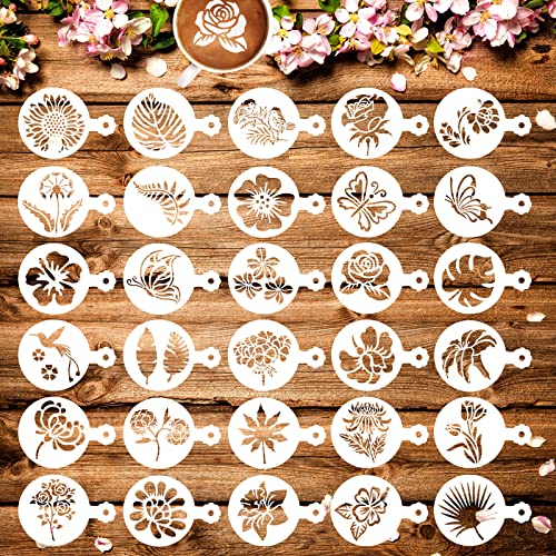 MWOOT 30 Stücke Blumen Kaffee Schablonen Stencil, Flowers Wiederverwendbar Kuchen Schablone Cookie Painting Templates, DIY Latte Kaffee Zubehör für Cappuccino Cupcake Brot Dekoration(9.7x7CM) von MWOOT