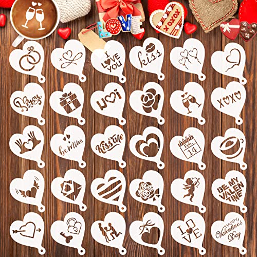 MWOOT 30 Stücke Valentinstag Kaffee Schablonen Stencil, Valentine's Day Wiederverwendbar Kuchenschablone Cookie Painting Template, DIY Kaffee Zubehör für Cappuccino Kakao Latte Brot Dekoration von MWOOT