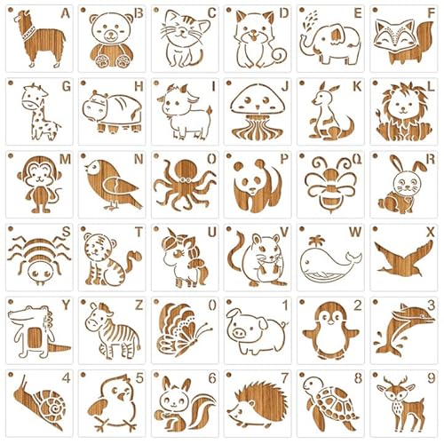 MWOOT 36 Stück Niedliches Tier Schablonen Stencils Set, Wiederverwendbares Malerei Vorlage Bemalen für Kinder, DIY Animal Schablone zum Malen an Wand, Geschenkkarte, Kleidung, Baby-Dusche(7.6x7.6cm) von MWOOT