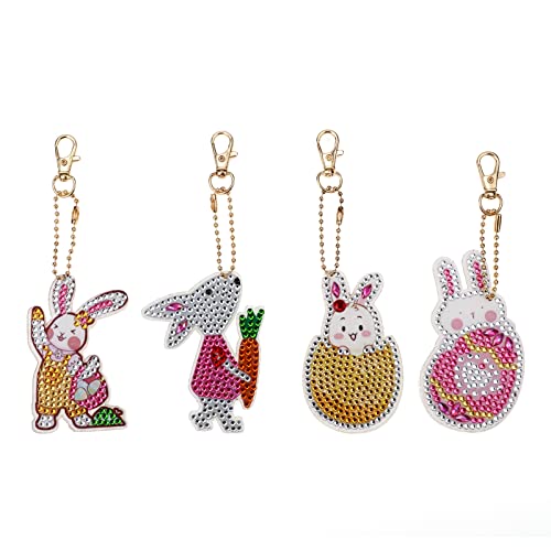 MWOOT 4 Stück 5D DIY Ostern Hase Diamant Malerei Schlüsselbund, Doppelseitig Easter Full Drill Butterfly Diamond Pasted Painting Keychain Strass Bilder für Kinder Damen Rucksack Handtasche Dekoration von MWOOT