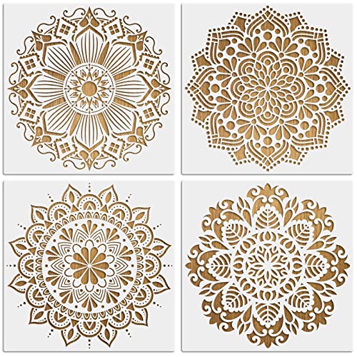 MWOOT 4 Stück Groß Mandala Schablonen Stencils Kit, Wiederverwendbares DIY Malerei Vorlage Zubehör, Blume Handwerk Schablone zum Malen an der Wand Boden Segeltuch Kissen Dekoration (30x30CM) von MWOOT