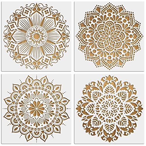 MWOOT 4 Stück Groß Mandala Schablonen Stencils Kit, Wiederverwendbares DIY Malerei Vorlage Zubehör, Blume Handwerk Schablone zum Malen an der Wand Boden Segeltuch Kissen Dekoration (30x30CM) von MWOOT