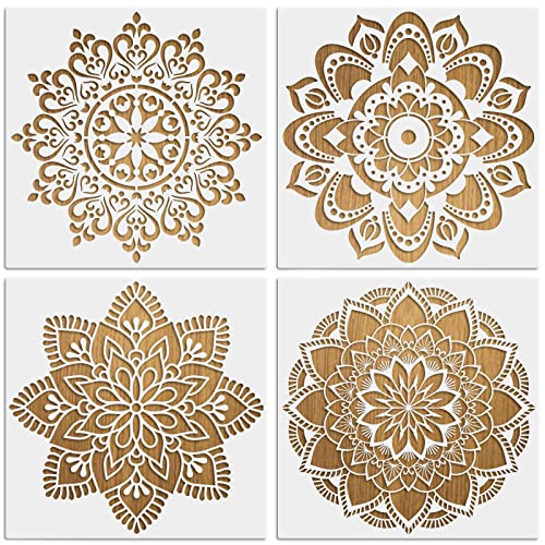 MWOOT 4 Stück Groß Mandala Schablonen Stencils Set, Wiederverwendbares DIY Malerei Vorlage Zubehör, Blume Handwerk Schablone zum Malen an der Wand Boden Fliese Kissen Dekoration (30x30CM) von MWOOT