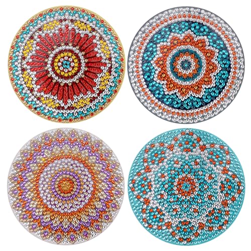 MWOOT 4 Stücke Mandala Diamantmalerei Getränke Acryl Untersetzer,DIY Kristall Eingefügt Malerei Glasuntersetzer,Diamond Pasted Painting Coaster Kunstliebhaber für Erwachsene und Kinder(10x10cm) von MWOOT