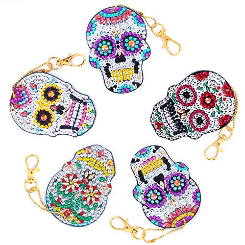 MWOOT 5 Stück 5D Diamant Malerei Schlüsselbund mit Schädel Muster, Halloween DIY Doppelseitig Diamond Art Painting Keychain für Handtasche Dekoration von MWOOT