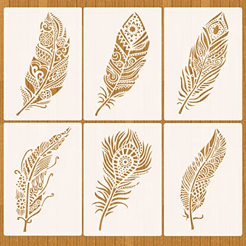 MWOOT 6 Stücke Mandala-Feder Schablone, Wiederverwendbare DIY Schablonen Vintage, Mandala Feather Painting Stencils für Scrapbooking, Boden, Wand, Stoff, Schablonen für Kinder (26x17.8cm) von MWOOT