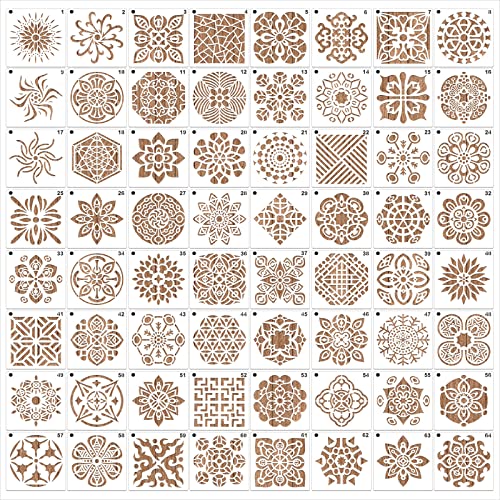 MWOOT 64 Stück Mandala Geometric Painting Stencils Schablone,Wiederverwendbare DIY Malerei Vorlage Stencil Kit für Anfänger,Blume Geometrisch Schablonen Malen für Leinwand Möbel Handwerk (9x9CM) von MWOOT