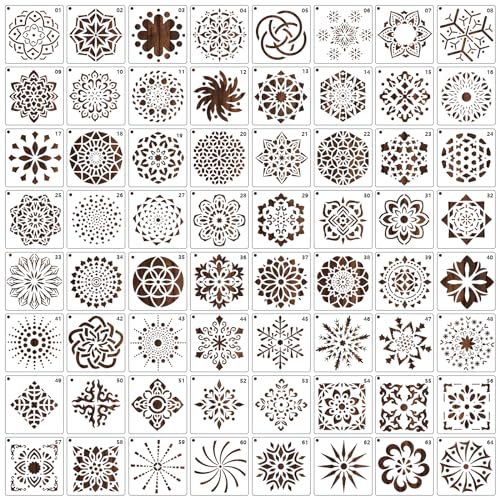 MWOOT 64 Stück Mandala Schablone Malen,Wiederverwendbare DIY Painting Stencils Templates für Malerei an der Wand,Blume Skala Kleine Malschablonen für Felsenstein Malerei Handwerk (7.6x7.6CM) von MWOOT