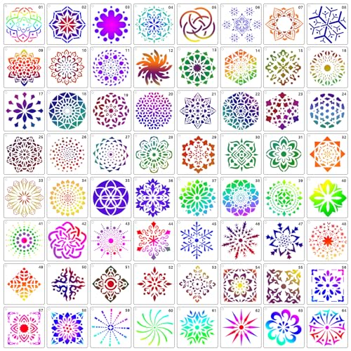 MWOOT 64 Stück Mandala Schablone Malen,Wiederverwendbare DIY Painting Templates Stencils für Malerei an der Wand,Kleine Schablonen Malen für Felsenstein Malerei Handwerk Dekoration(10x10CM) von MWOOT