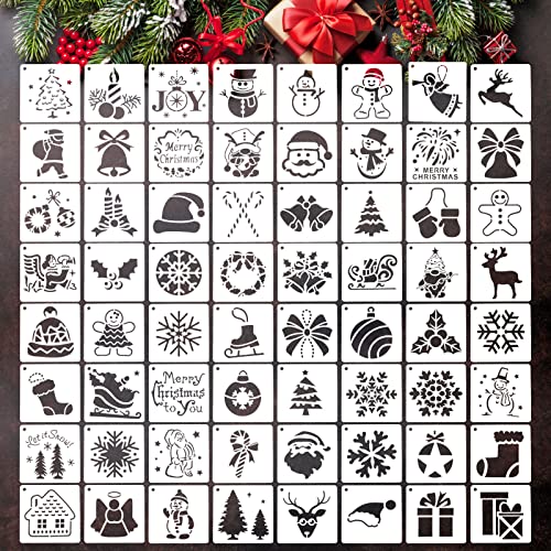 MWOOT 64 Stück Weihnachten Schablonen Stencils Set, Wiederverwendbares Malerei Vorlage Bemalen Zubehör, DIY Christmas Schablone zum Malen an Wand, Karten Basteln, Rahmen Dekoration(7.6x7.6cm) von MWOOT