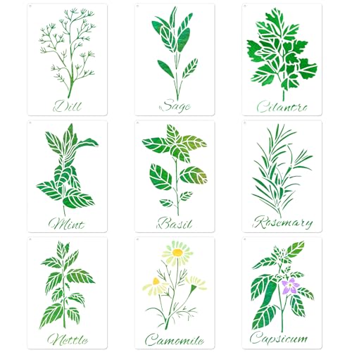 MWOOT 9 Pieces Plant Schablone Groß, Wiederverwendbar Leaf Painting Stencil, Schablonen Blumen zum Malen Graffiti Textilgestaltung Wandgestaltung Fenster Steine, Schablonen Erwachsene für Möbel von MWOOT