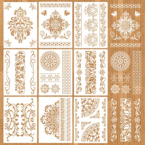 MWOOT 9 Stück Mandala Blume Schablonen Stencils Kit, Wiederverwendbares Malerei Vorlage Zubehör, DIY Malen Schablone zum Malen an der Wand Fliesen Möbel Kissen Scrapbooking Dekoration (28x21CM) von MWOOT