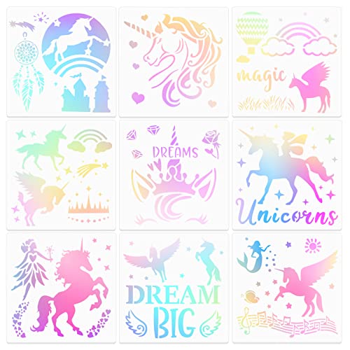 MWOOT 9 Stücke Einhorn Schablone, Wiederverwendbare DIY Schablonen Vintage, Unicorn Painting Stencils für Scrapbooking, Boden, Wand, Stoff, Möbel, Holz Dekoration, Schablonen für Kinder (20 x 20 cm) von MWOOT