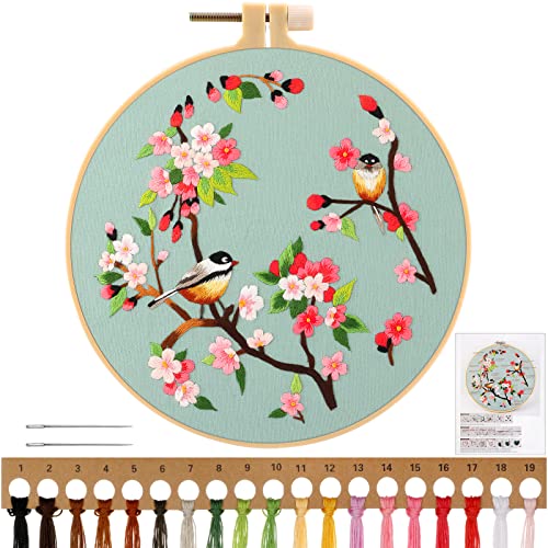 MWOOT Grün Stickerei Kreuzstich Set,Handmade Embroidery Starter Kit,Anfänger Stickerei Set mit Vogel und Blume, Stick Starter Kit für Anfänger Erwachsene von MWOOT