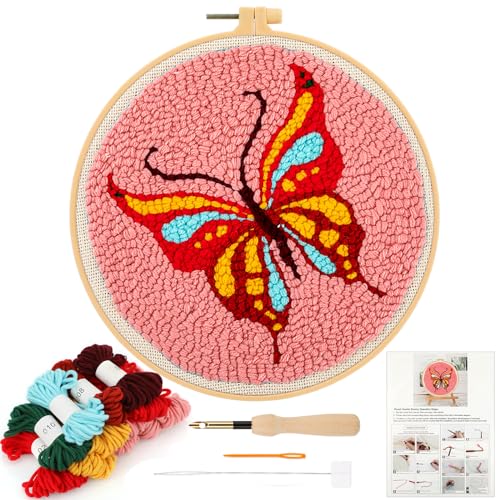 MWOOT Schmetterling Stanznadel-Stickerei-Starter-Kit,Punch Needle Anfänger Handarbeit Set mit Muster,Garne,Stickrahmen für Kinder und Erwachsene,Basteln,Geschenk von MWOOT