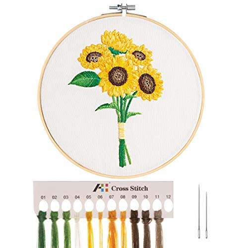 MWOOT Stickerei Starter Kreuzstich Kit mit Sonnenblumenstraußmuster,DIY Handarbeit Embroidery Starter Kit Cross Stitch Craft für Erwachsene Anfänger Sticken von MWOOT