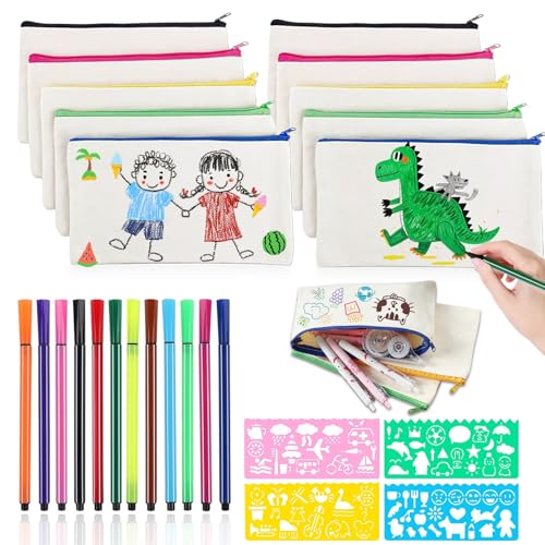 10 Stück Leinwand Federmäppchen zum Bemalen, Stoffbeutel Mäppchen zum Bemalen mit 12 Buntstift & 4 DIY Malschablonen, DIY Blanko Stoffbeutel für Basteln Kindergeburtstag Kosmetiktasche Aufbewahrung 10 Stück Leinwand Federmäppchen zum Bemalen, Stoffbeutel Mäppchen zum Bemalen mit 12 Buntstift & 4 DIY Malschablonen, DIY Blanko Stoffbeutel für Basteln Kindergeburtstag Kosmetiktasche Aufbewahrung von MWRWRR