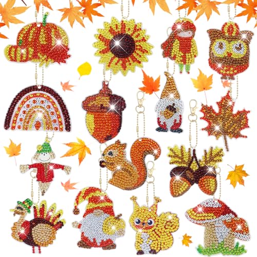 15 Stück Diamond Painting Schlüsselanhänger Anhänger für Erwachsene Kinder, 5D Herbst Wichtel Diamont Painting Doppelseitige Diamant Malerei Kit, Erntedankfest Ernte Halloween Hängend Deko Geschenk von MWRWRR